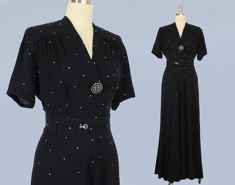 1940s Dress / 40s Black Rayon Crepe Rhinestone Evening Gown / Starry Night image 1