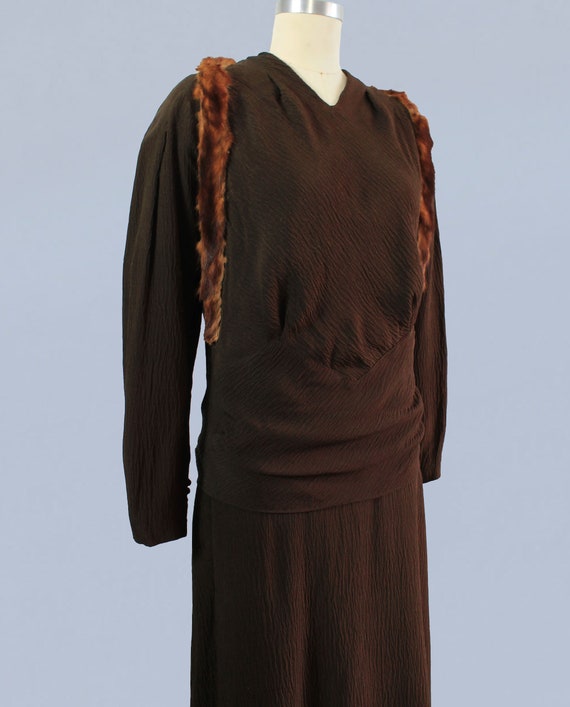1930s Dress / 30s Chocolate Textured Crepe Fur Tr… - image 5