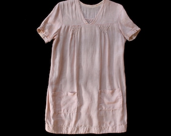 1920s Dress / 20s Pink Cotton Linen Smock Dress / Summer Mini Dress