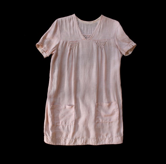 1920s Dress / 20s Pink Cotton Linen Smock Dress /… - image 1