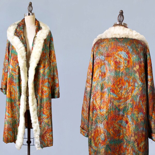 RESERVED 1920s Flapper Coat / 20s Abstract Floral Lamé Cocoon Coat/ Fur Trimmed / MUSEUM / AMAZING
