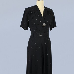 1940s Dress / 40s Black Rayon Crepe Rhinestone Evening Gown / Starry Night image 5