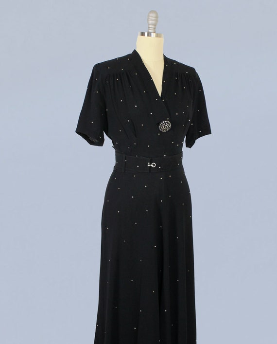 1940s Dress / 40s Black Rayon Crepe Rhinestone Ev… - image 5