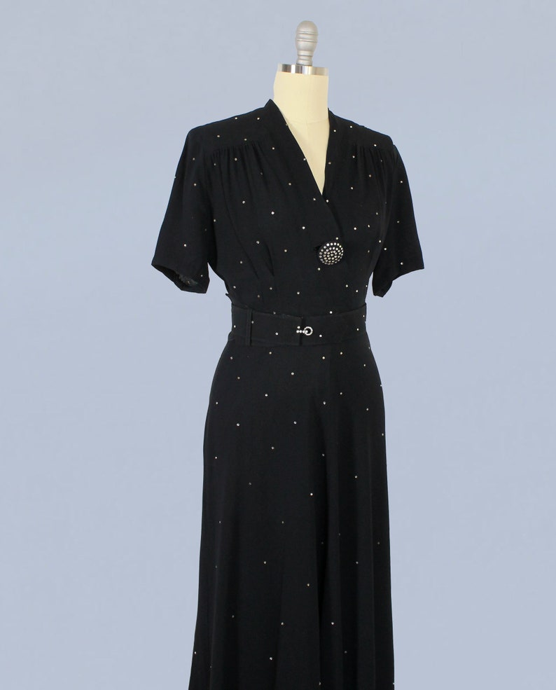 1940s Dress / 40s Black Rayon Crepe Rhinestone Evening Gown / Starry Night image 5
