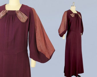 1930s Gown / 30s Pink Lame and Wine Crepe Evening Dress / Rare L XL