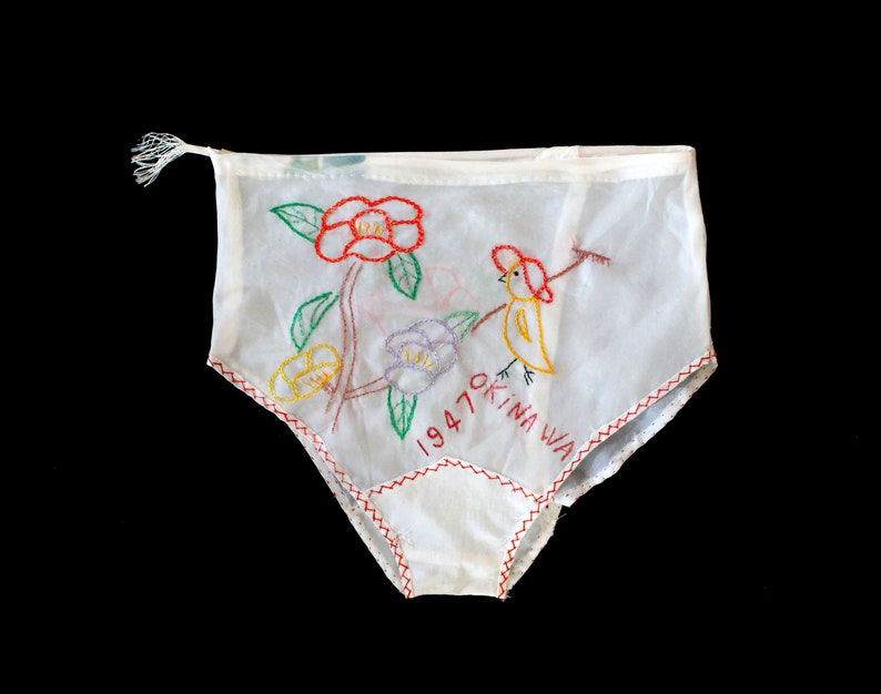 Rare 1940s WWII Lingerie Set / 40s Novelty Bra Panties / PARACHUTE SILK / Embroidered 1947 Okinawa image 5