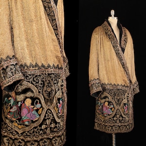 Rare 1920 Coat / Gold Lame Chinoiserie Figural Cocoon Cloak / Beaded and Embroidered / Solid Gold