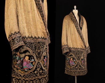 Rare 1920 Coat / Gold Lame Chinoiserie Figural Cocoon Cloak / Beaded and Embroidered / Solid Gold