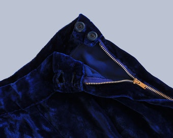 1940s Pants / 40s Blue Silk Velvet Side Zip Pants / Evening Trousers