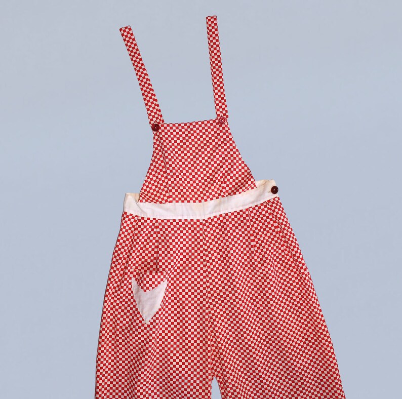 1930s Beach Pajamas / 30s Cotton Overalls / Bib Jumpsuit / Red and White Checkerboard image 2
