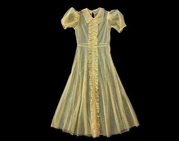 1930s Dress / 30s Yellow Mesh Net Gown / Puffed Sl