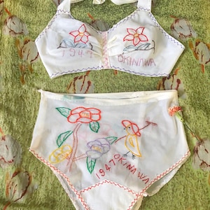 Rare 1940s WWII Lingerie Set / 40s Novelty Bra Panties / PARACHUTE SILK / Embroidered 1947 Okinawa image 8