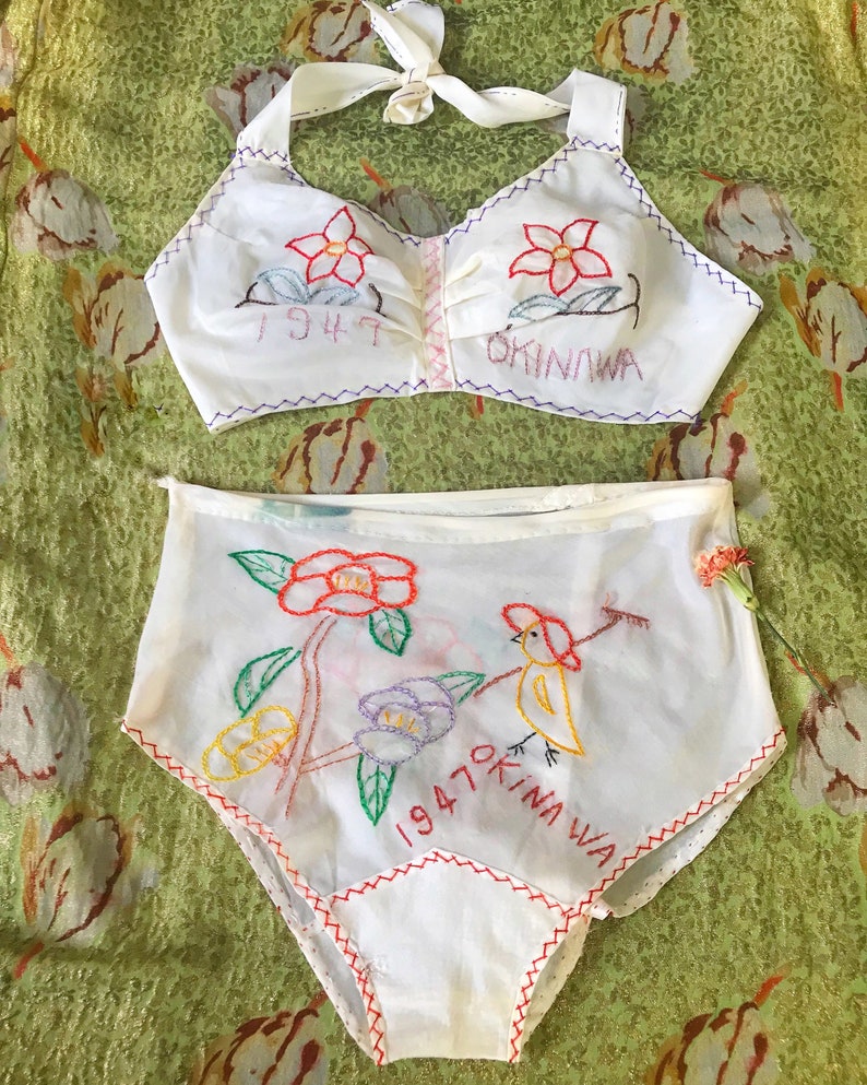 Rare 1940s WWII Lingerie Set / 40s Novelty Bra Panties / PARACHUTE SILK / Embroidered 1947 Okinawa image 8