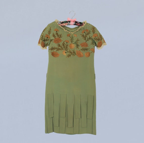 1920s Dress / 20s Sage Green Dress / Embroidered Web and Floral Yoke / Car Wash Hem