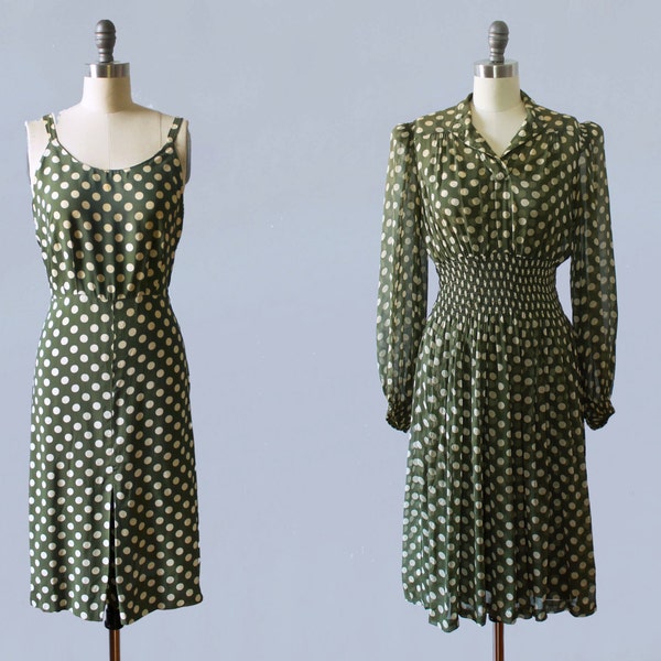 RESERVED 1940s Dress / 40s TWO PIECE Slip Dress and Sheer Chiffon Dress / Smocked Waist / Polka Dots