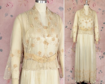 Early 1920s Wedding Dress / 1910s-20s Ecru Net Sheer Gossamer Mesh Gown / Antique Bridal Gown