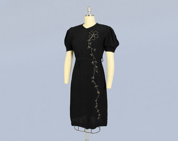 1930s Dress / 30s Black Day Dress / Embroidered F… - image 5