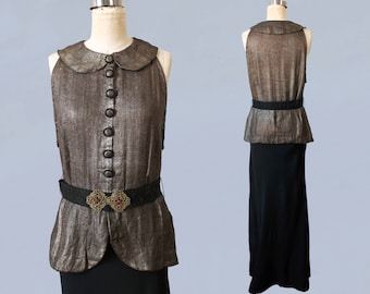 1930s Gown / 30s Metallic Gold Lame and Black Crepe Evening Dress / AMAZING / Metal Fibers / Rare M L