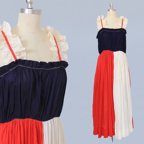 Antique July 4 Costume Dress / 10s-20s Patriotic Homemade Cotton Costume / Ruffled Straps