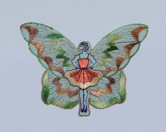 RARE 1920s 1930s Sewing Patch Applique / Gold Metal Wrapped Threads / Flapper Fairy Butterfly / 20s 30s Authentic Original