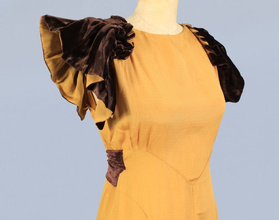 1930s Dress / 30s Mustard Crepe and Brown Velvet D