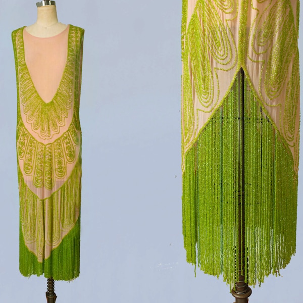 RARE 1920s Dress / 20s Flapper Dress BEADED / Fringe / Pink and Green / M L