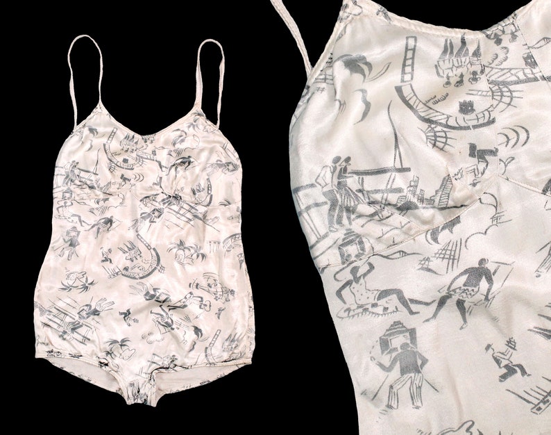 RARE 1930s Swimsuit / Late 30s Early 40s NOVELTY PRINT Figural Beach Party Bathing Suit image 1