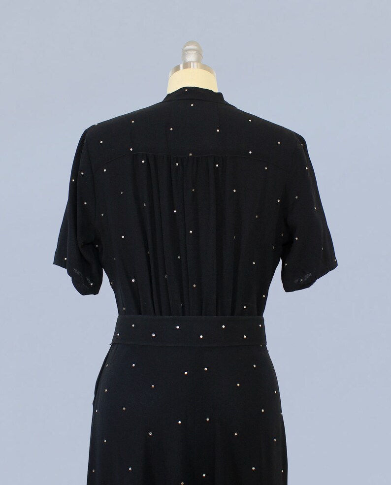 1940s Dress / 40s Black Rayon Crepe Rhinestone Evening Gown / Starry Night image 8