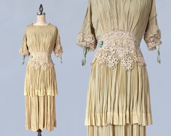 1910s Dress/ Edwardian Wedding Dress / RARE Ecru Pleated Gown / Very Wearable!