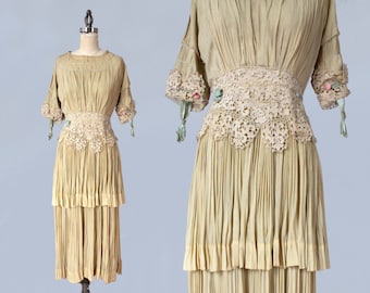 1910s Dress/ Edwardian Wedding Dress / RARE Ecru Pleated Gown / Very Wearable!