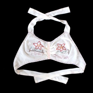 Rare 1940s WWII Lingerie Set / 40s Novelty Bra Panties / PARACHUTE SILK / Embroidered 1947 Okinawa image 2