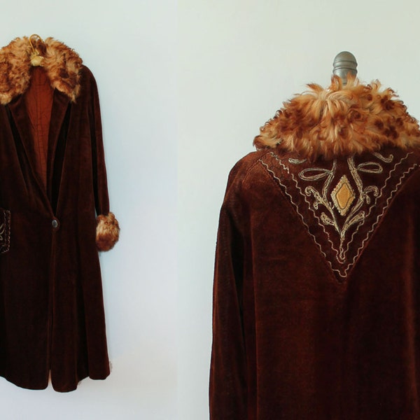 RESERVED -- RARE! 1920s Coat / 20s Folk Embroidered Fur Trimmed Coat / MUSEUM Quality