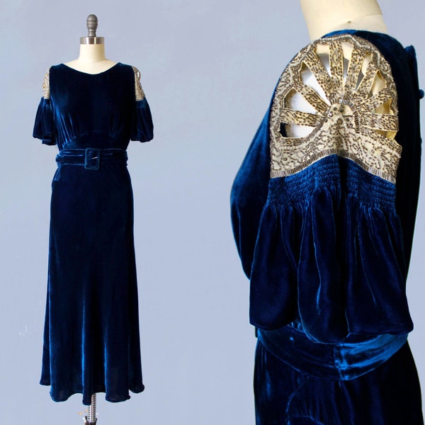 RESERVED 1930s Dress / 30s BEADED Cut Out Sleeve Liquid Silk Velvet Gown / Old Hollywood / Bias Cut / Button Back