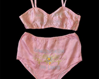 RARE 1940s WWII Lingerie Set / 40s Novelty Baby Pink Satin Bra Panties / Embroidered Risque Souvenir Lingerie