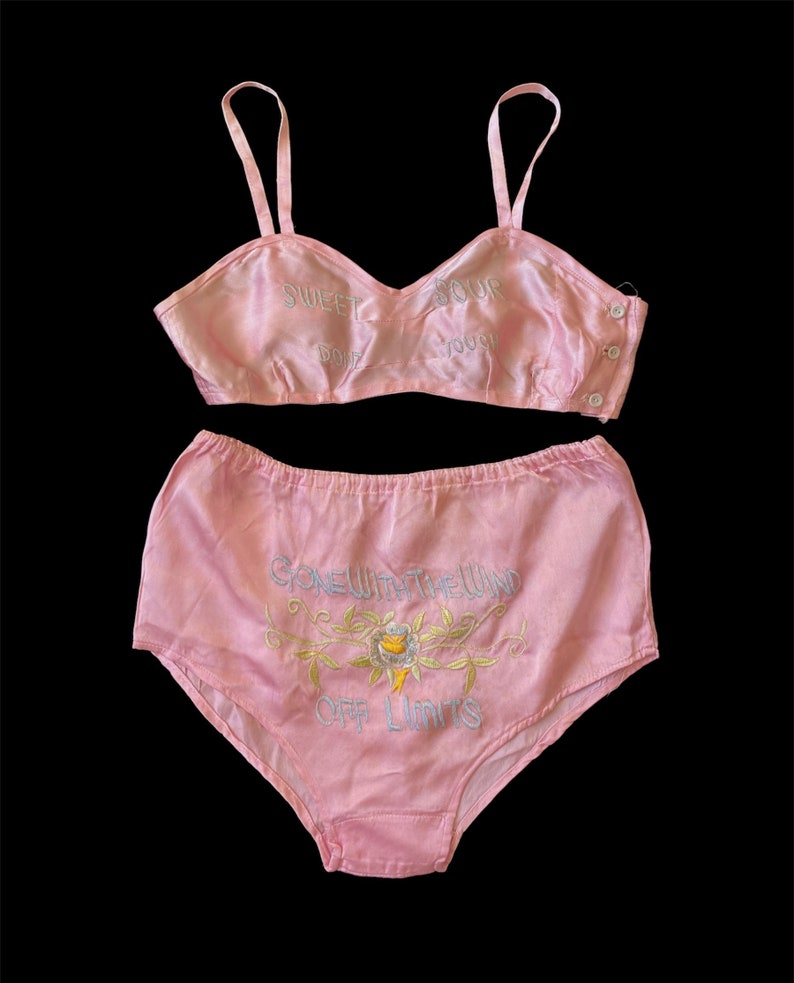 RARE 1940s WWII Lingerie Set / 40s Novelty Baby Pink Satin Bra Panties / Embroidered Risque Souvenir Lingerie 