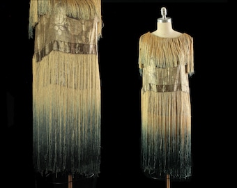 Rare 1920s Dress / 20s Gold Metallic LAMÉ Dress / Rose Pattern / Silk Ombre Fringe