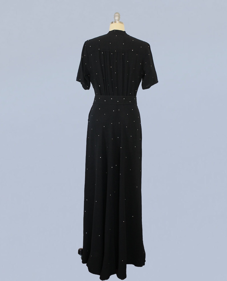 1940s Dress / 40s Black Rayon Crepe Rhinestone Evening Gown / Starry Night image 7