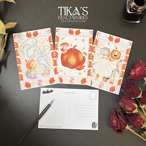 Halloween Postcard Set: Cat Jack O&#39; Lantern Art, Fall Snail Mail + Sticker