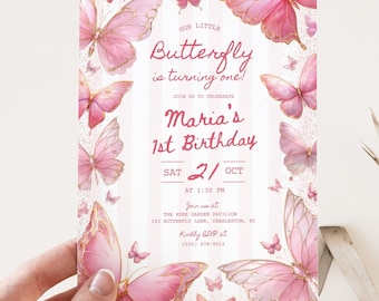 Editable Butterfly Birthday Invitation, Pink and Gold Butterfly 1st Birthday Invite, Girl First Birthday Invitation, Canva Template