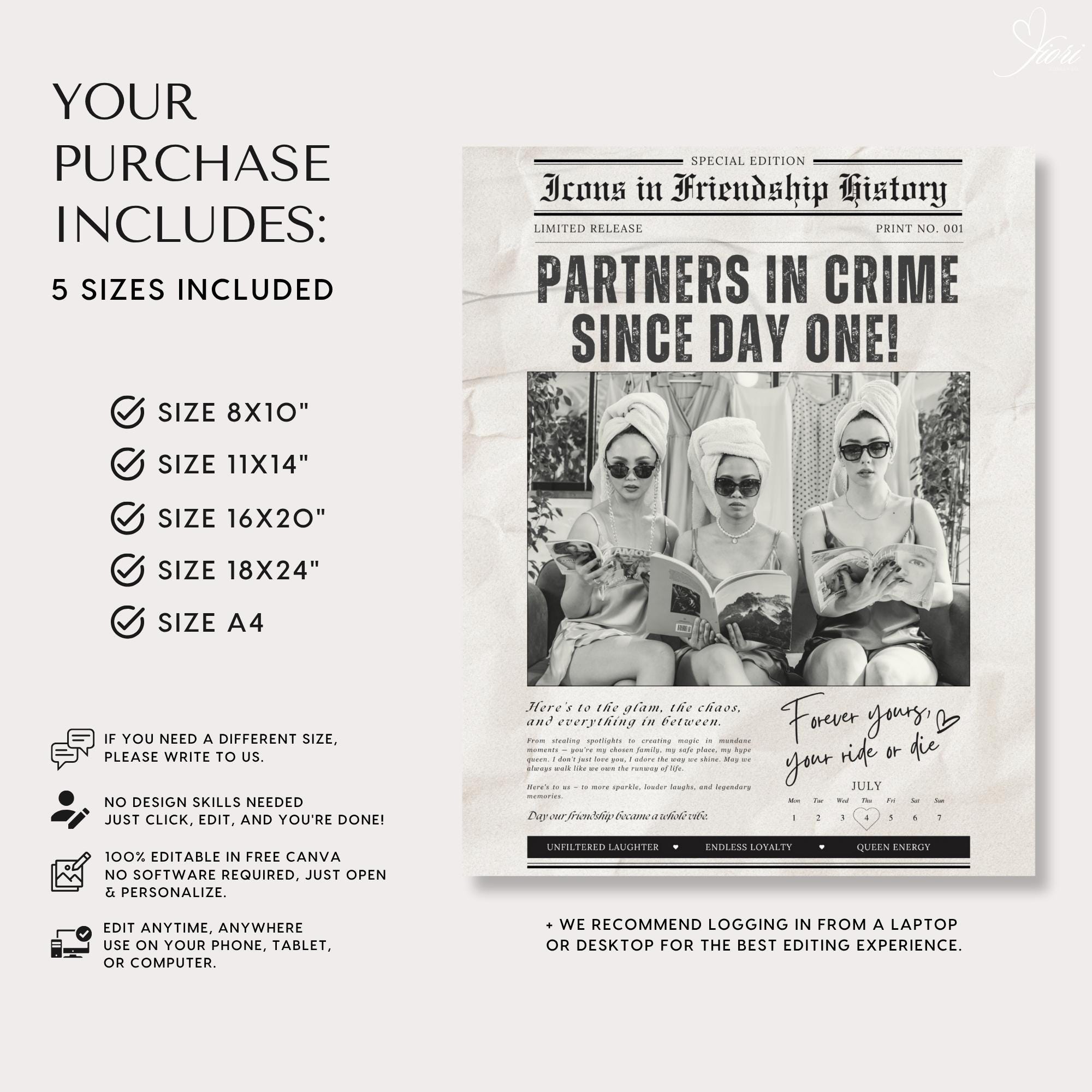 Best Friends CUSTOM Newspaper Template, Personalized College Apartment Print, Editable Friends Print, Valentines Day Gift, Best Friend Gift