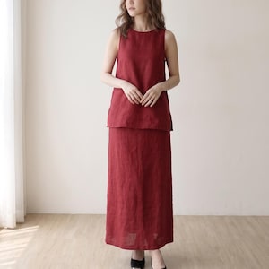 Ärmelloses Maxirock-Set aus Baumwoll-Leinen-Mischgewebe, zweiteiliges Outfit für Damen