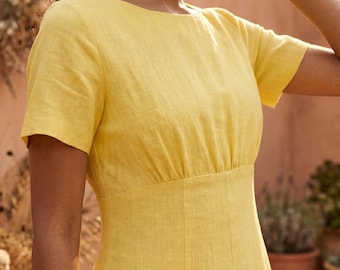 Cotton Linen Midi Dress, Short Sleeve A-Line, Elegant Women's Dress with Pockets