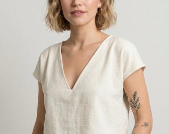 Cotton Linen Crop Top Women, V Neck Linen Top, Relaxed Fit Blouse, Minimal Summer Top, Short Sleeve Linen Top, Everyday Wear