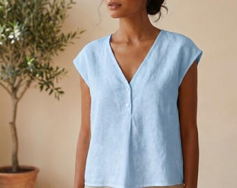 Top de algodón y lino con cuello en V, blusa sin mangas de corte relajado, top con botones frontales minimalistas, top casual de verano para mujer, top de mezcla de lino para el día a día.