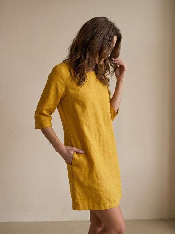 Cotton Linen Blend Relaxed Fit Dress with Pockets, Minimal 3/4 Sleeve Everyday Dress