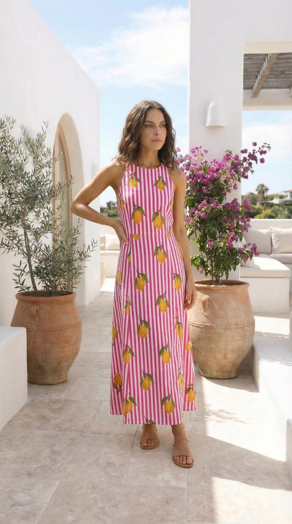 Pink Lemon Print Cotton Maxi Dress, Sleeveless Striped Summer Beach Dress