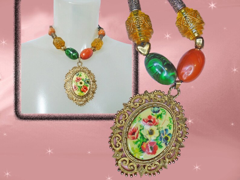 Flower Cameo Statement Necklace OOAK Boho Chunky Adjustable Beaded Choker Large Pendant Jewelry Gift Box