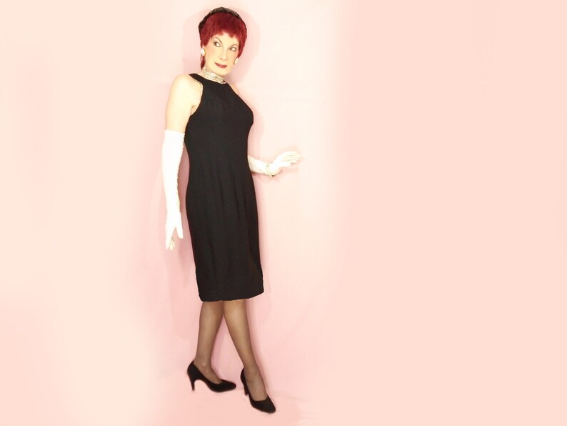 Retro Little Black Cocktail Dress Medium 60s Retro Sleek Crepe Sheath LBD with Rhinestones