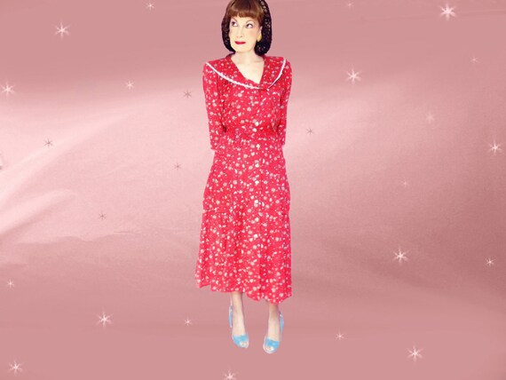 40s Style Red Sailor Collar Dress, Medium Vintage