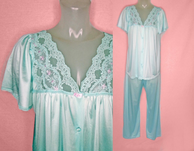 Vintage Nylon Pajamas Large Aqua Satin Tricot Pj Set Pretty 70s Vanity Fair Pjs With Long Pants Unused